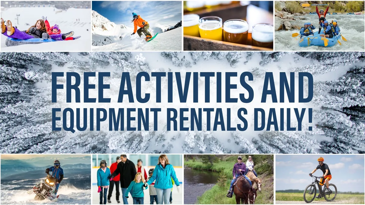 This energetic exterior image features families enjoying a range of outdoor activities—from snow sports like skiing and snowboarding to warm-weather adventures such as rafting, biking, and horseback riding. Socializing over craft beers suggests après-adventure relaxation and connection.
