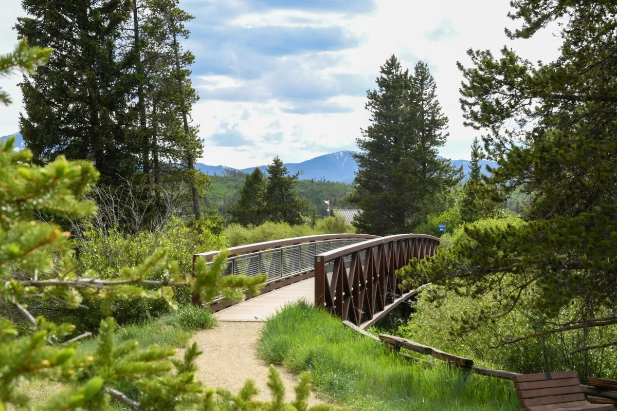 A tranquil view of a wooden bridge framed by lush trees, with the dramatic Rockies rising in the distance. The scene invites exploration, suggesting nearby hiking, photography, and moments of reflection in nature.