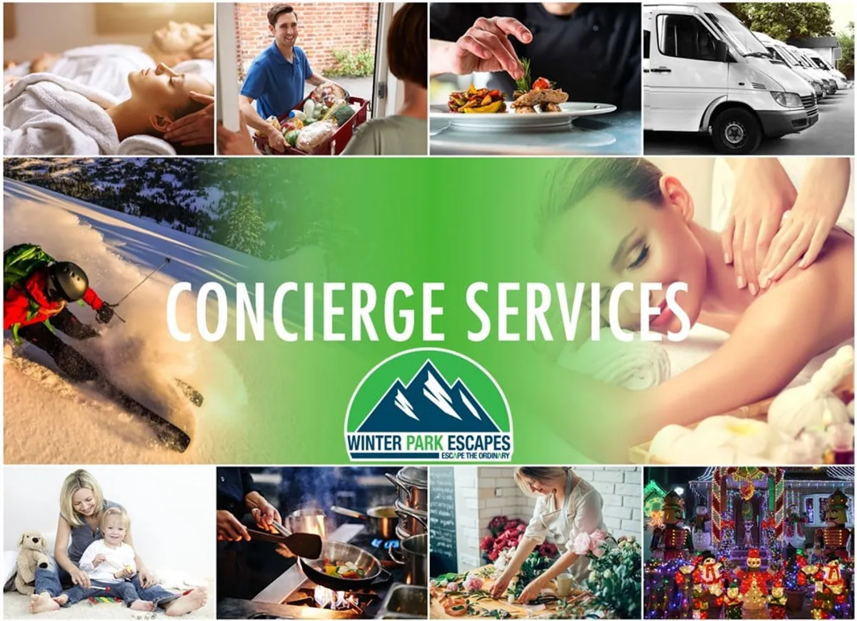 A collage-style interior scene showcasing concierge services, culinary experiences, family activities, spa treatments, and outdoor adventures. Visual cues include ski gear, grocery delivery bags, food preparation, spa relaxation, and joyful family moments.