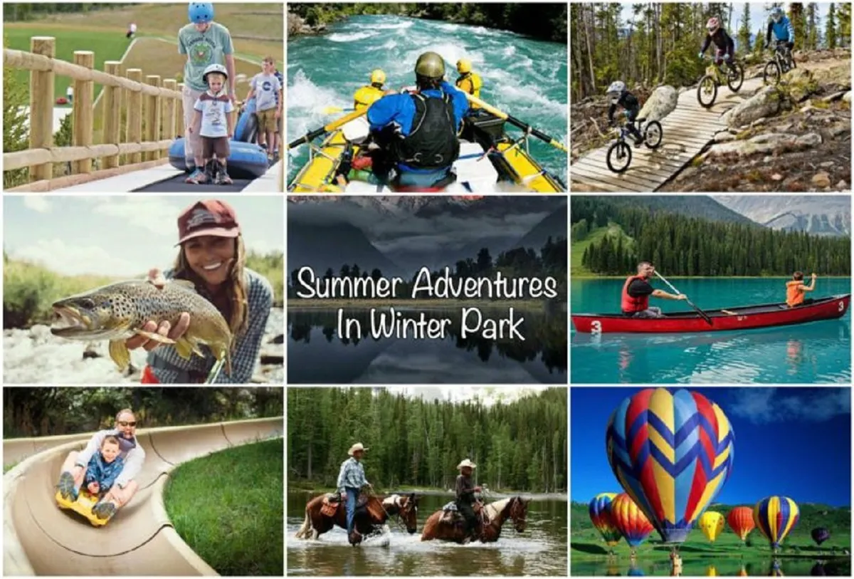 A bright, energetic summer scene with families enjoying a river for kayaking, children playing on a slide, horseback riders traversing the landscape, and colorful hot air balloons floating overhead. The image radiates a sense of active exploration and joyful connection with nature across multiple activities.