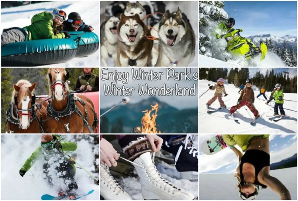 A lively winter scene featuring families tubing down snow-covered hills, children skiing, a horse-drawn sleigh, snowmobiles in action, and people gathered around a cozy fire pit. The landscape is blanketed in snow and filled with energetic activity, highlighting a variety of outdoor winter adventures suitable for all ages.